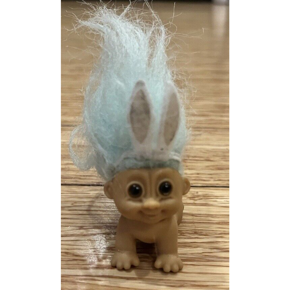 Vintage Easter Troll Doll Crawling Baby, Blue Hair & Bunny Ears RARE!